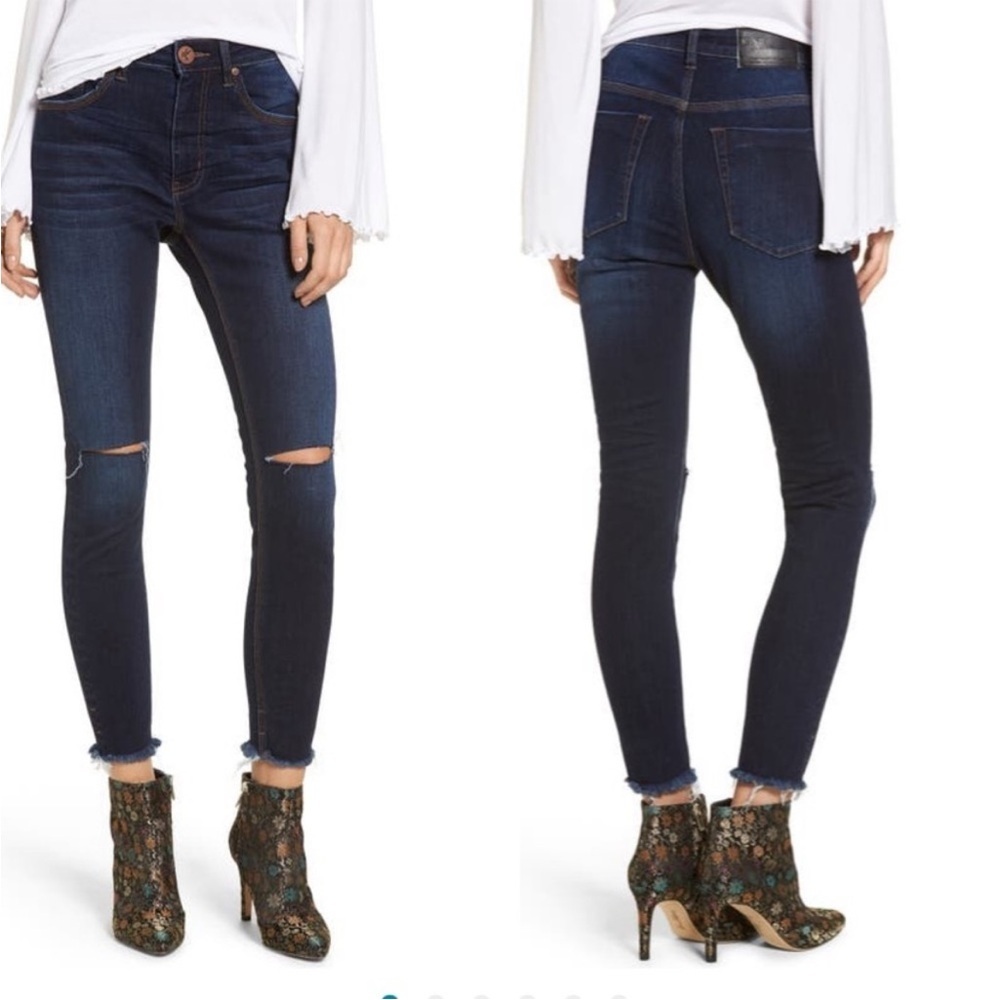 One Teaspoon Freebird Distressed skinny Raw Hem Fotted Dark Wash Casual Jean